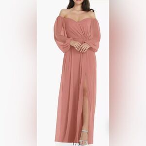 NWT Dessy Collection Convertible Neck Long Sleeve Chiffon Gown Desert Rose